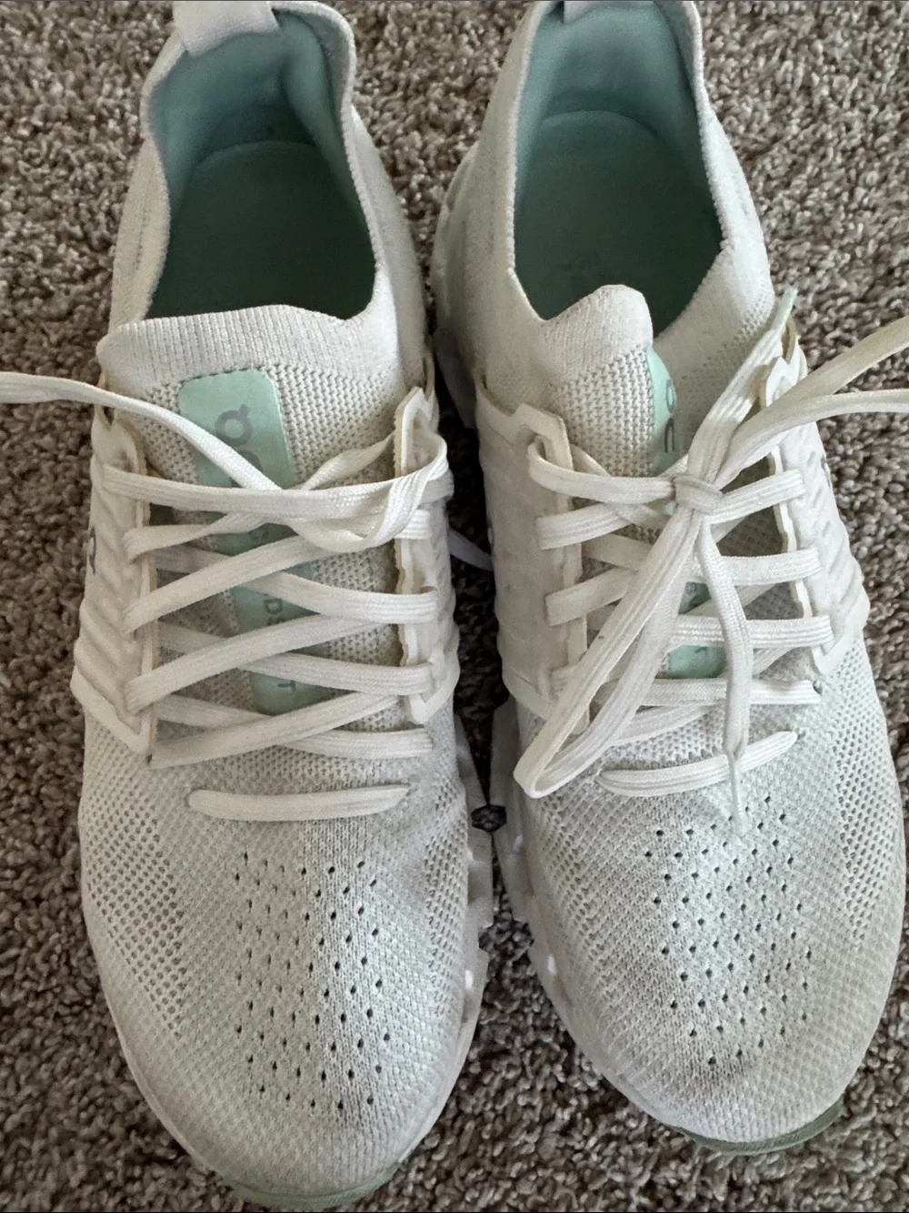 On Running White Knit Sneakers with Mint Insoles